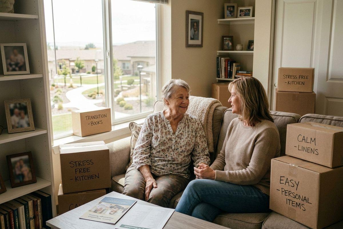 An older adult and their family member sit on a sofa smiling at each other, surrounded by labeled moving boxes.
