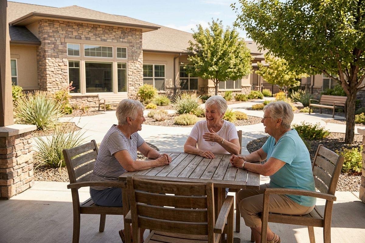 Older adults sit, talking and smiling, at a wooden table on an outdoor patio beside a landscaped garden in an assisted living community.