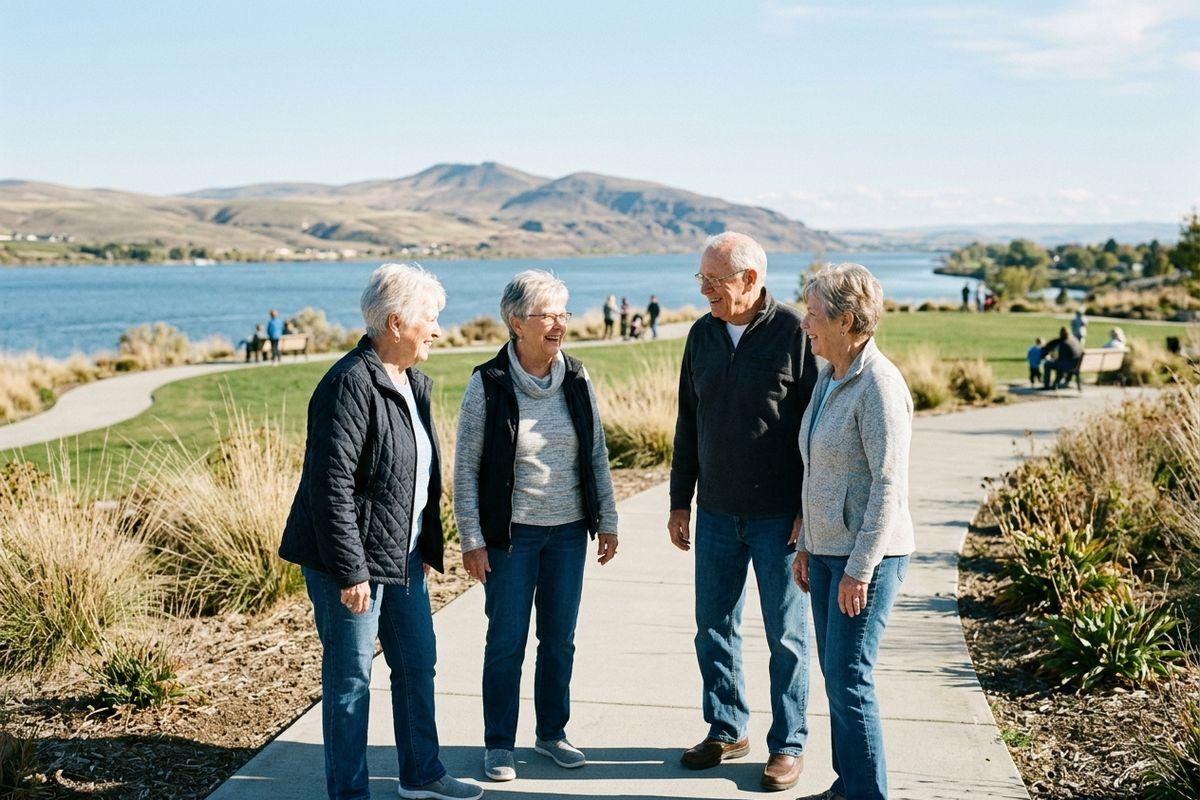 A group of older adults stands talking and smiling on a paved path by a lake, with mountains in the background.