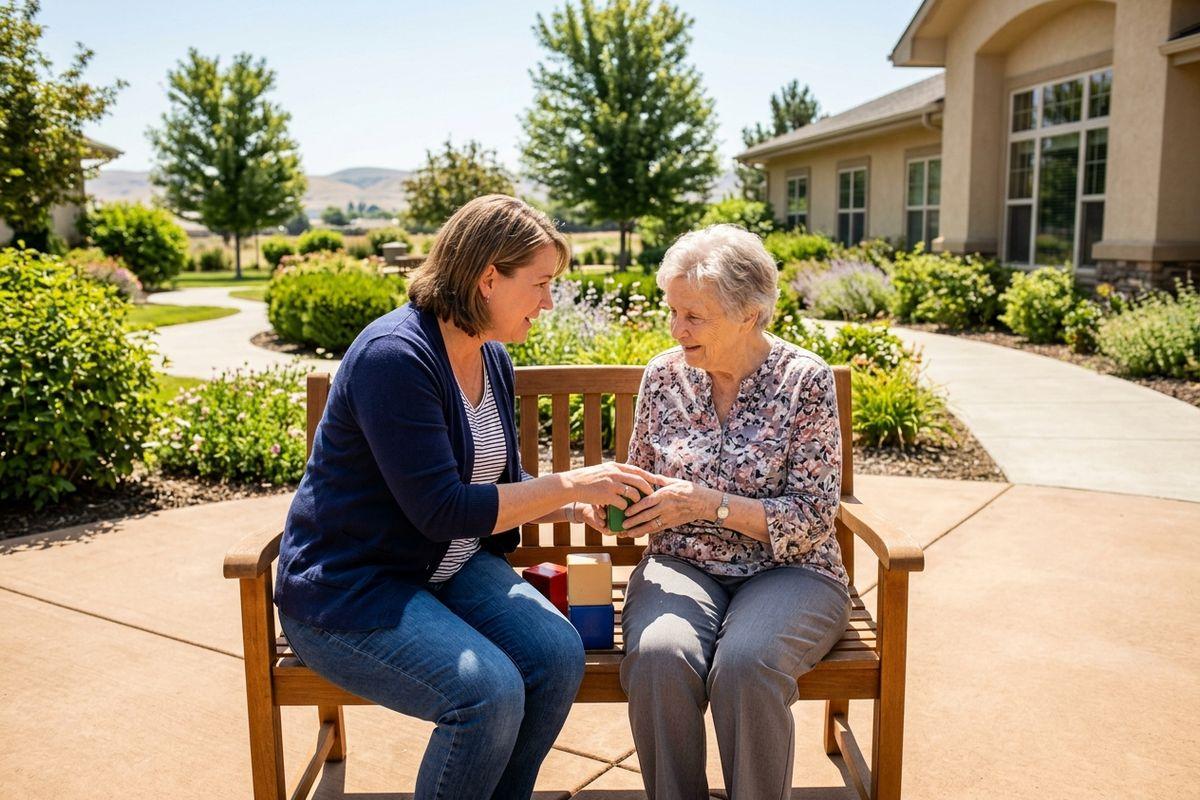 Adult and older person sit on a wooden bench outdoors, smiling and holding colored blocks together in a garden.