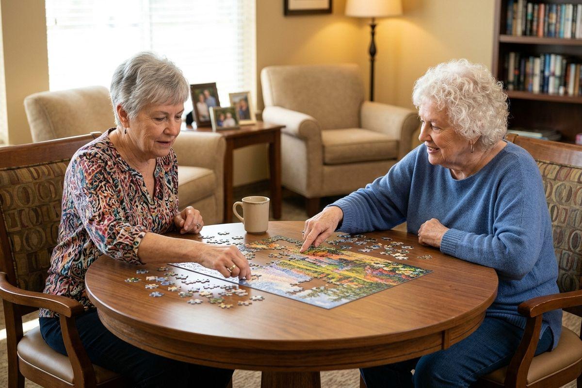 A pair of older adults assembling a jigsaw puzzle together at a round wooden table in an assisted living common area.