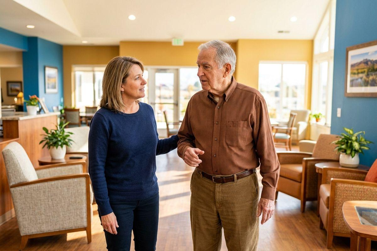 Younger adult walks beside an older adult, hand on their back, talking in a bright lounge with armchairs and plants.