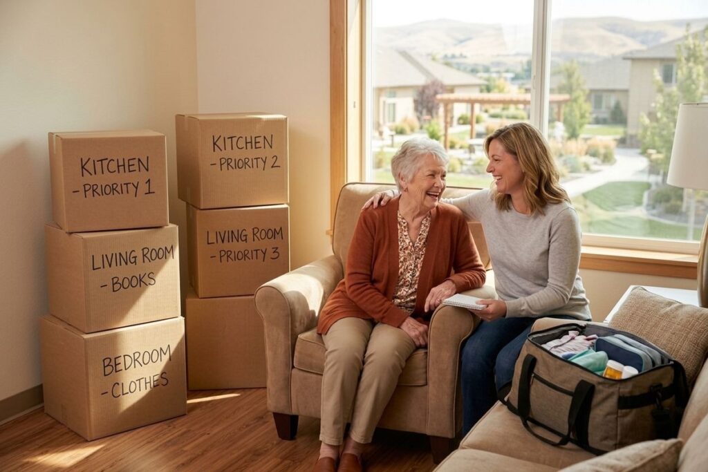 An older adult seated in an armchair, with their supportive family member beside them, smiles at each other. They're surrounded by stacked, labeled moving boxes and a packed overnight bag.