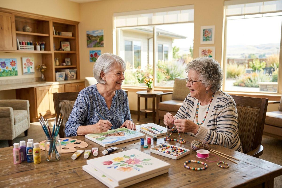 A pair of older adults crafting and smiling at a table, one painting and one beading, with paints and supplies in a sunlit room.