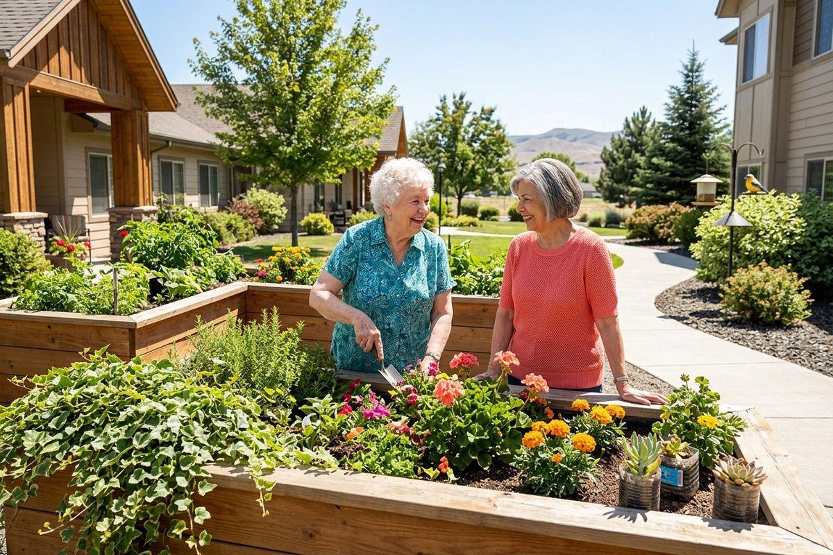 A pair of older adults smiling as they garden in raised flower beds outside residential buildings on a sunny day.